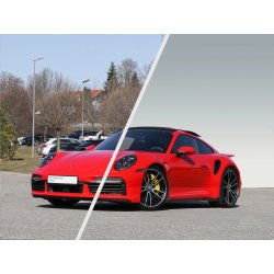 Half-Cut Freistellung vorher und nachher bei hochwertigem Fahrzeug mit erhaltenem Boden