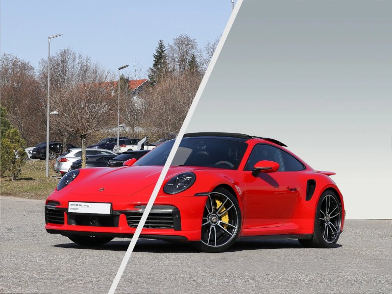 Half-cut background removal before and after, showing a high-end car with background reduced while keeping the original floor