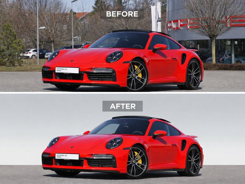 Antes y después de eliminación completa de fondo y suelo en coche de alta gama