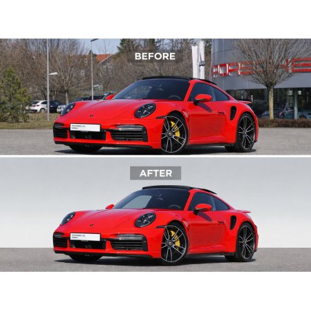 Full-cut background removal before and after showing complete background and floor removal on a high-end car