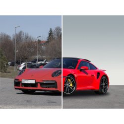 Full-Cut Vergleich vorher und nachher mit vollständig freigestelltem hochwertigen Fahrzeug