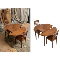Background removal of a wooden dining set photographed from above with a professional white background.