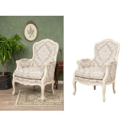 Antes y después de recorte de sillón vintage de tela con fondo blanco para catálogo online.