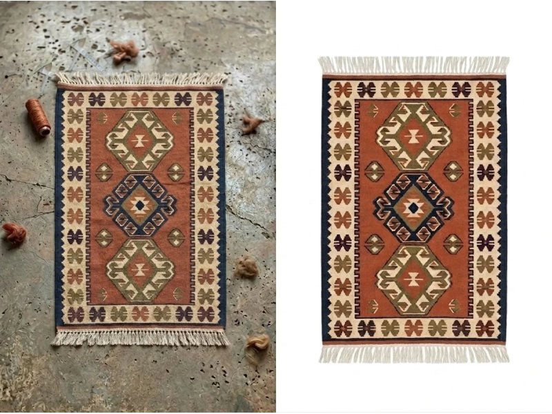Carpet background removal before and after on floor setting with clean isolated result