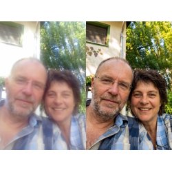 Foto Restaurierung vorher nachher mit unscharfem Portrait das in Schärfe und Klarheit verbessert wurde