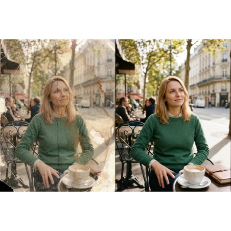 Old photo restoration before and after showing damage repair and color correction on portrait