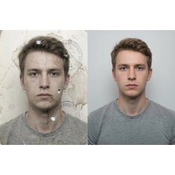 Restauración de foto antigua antes y después con reparación facial y mejora de detalles en retrato tipo documento