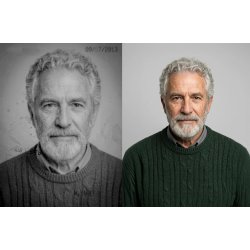 Restauración de retrato antiguo antes y después con mejora de claridad y detalles