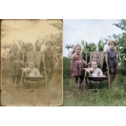 Old photo restoration before and after showing damaged vintage family photo repaired and colorized