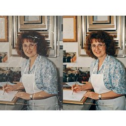 Old photo restoration before and after showing damaged portrait repaired with scratch removal and enhanced details